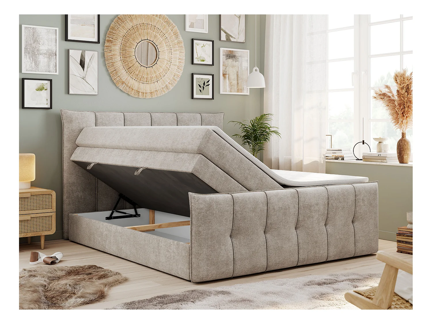 Boxspringbett PREMIUM 11 KING mit Stauraum, gestepptes Kopfteil, zwei Multipocket-Matratzen - 140x200 cm - H3 - Beige Strukture