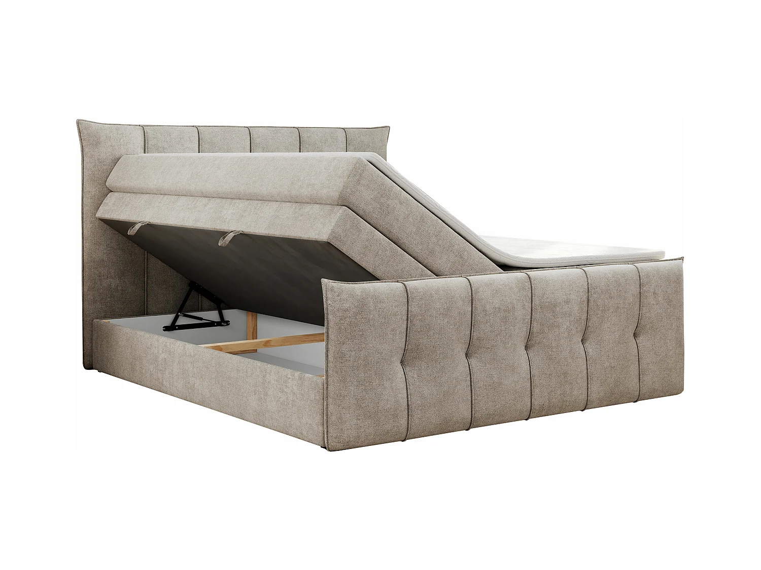 Boxspringbett PREMIUM 11 KING mit Stauraum, gestepptes Kopfteil, zwei Multipocket-Matratzen - 140x200 cm - H3 - Beige Strukture