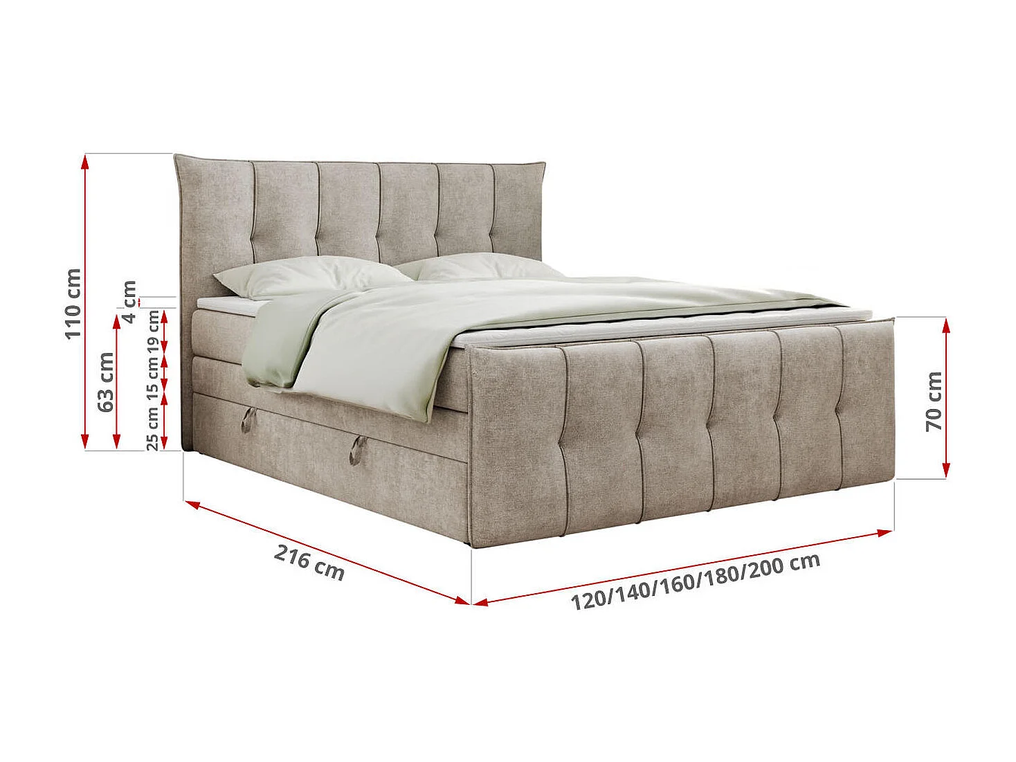 Boxspringbett PREMIUM 11 KING mit Stauraum, gestepptes Kopfteil, zwei Multipocket-Matratzen - 140x200 cm - H3 - Beige Strukture