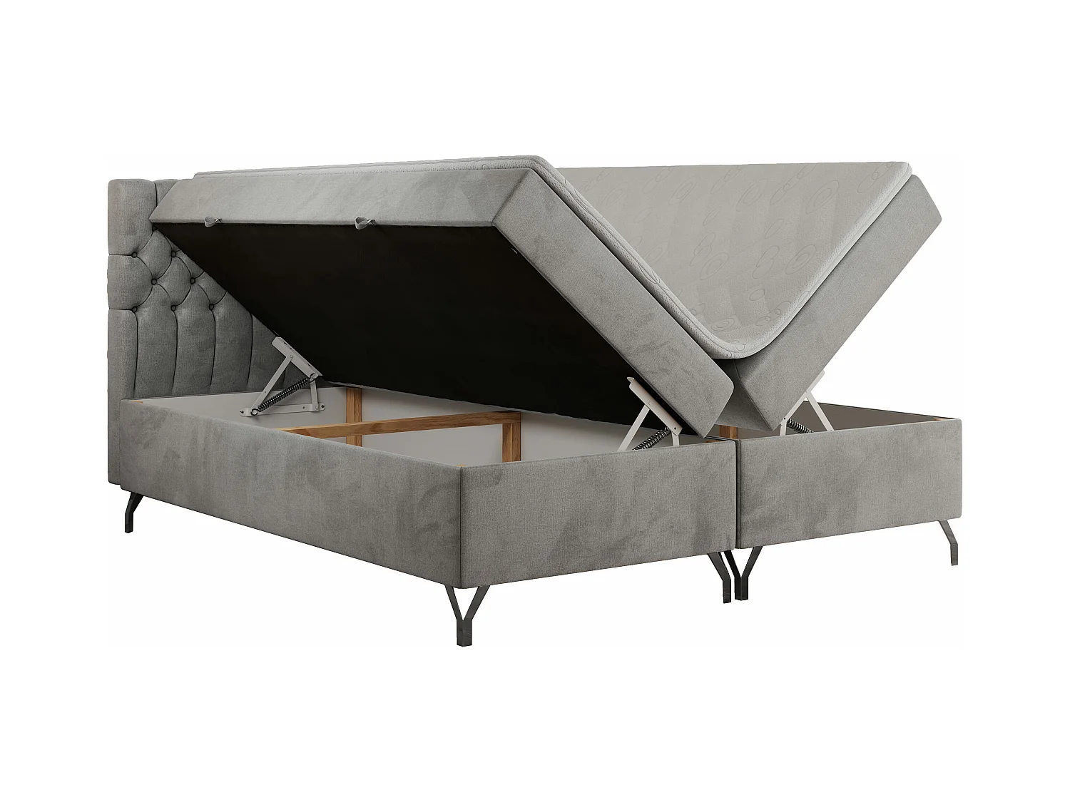 Boxspringbett GRIMALDI mit zwei Bettkästen, gesteppter Kopfstütze, Metallfüßen - 200x200 cm - H3 - Hellgrau Velvet