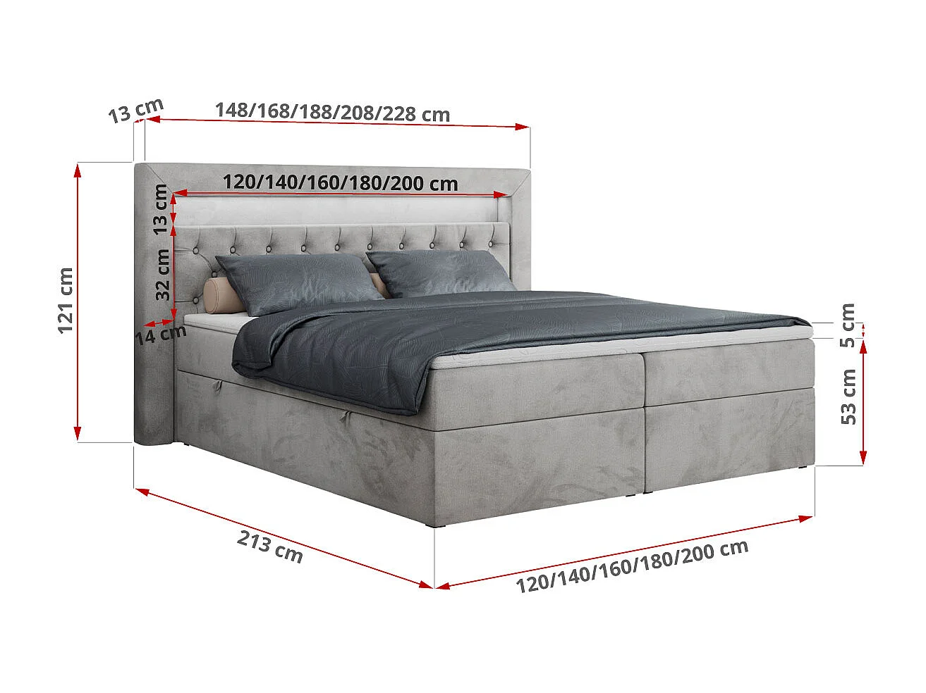 Boxspringbett GOLD 6, Doppelbett mit Stauraum, LED-Beleuchtung, gesteppte Kopfstütze - 140x200 cm - H4 - Hellgrau Velvet