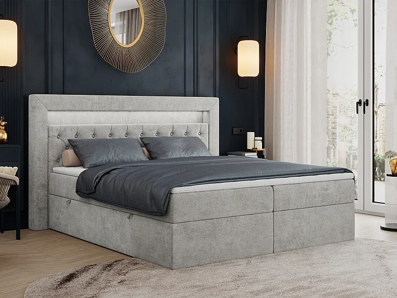 Boxspringbett GOLD 6, Doppelbett mit Stauraum, LED-Beleuchtung, gesteppte Kopfstütze - 180x200 cm - H3 - Hellgrau Strukture