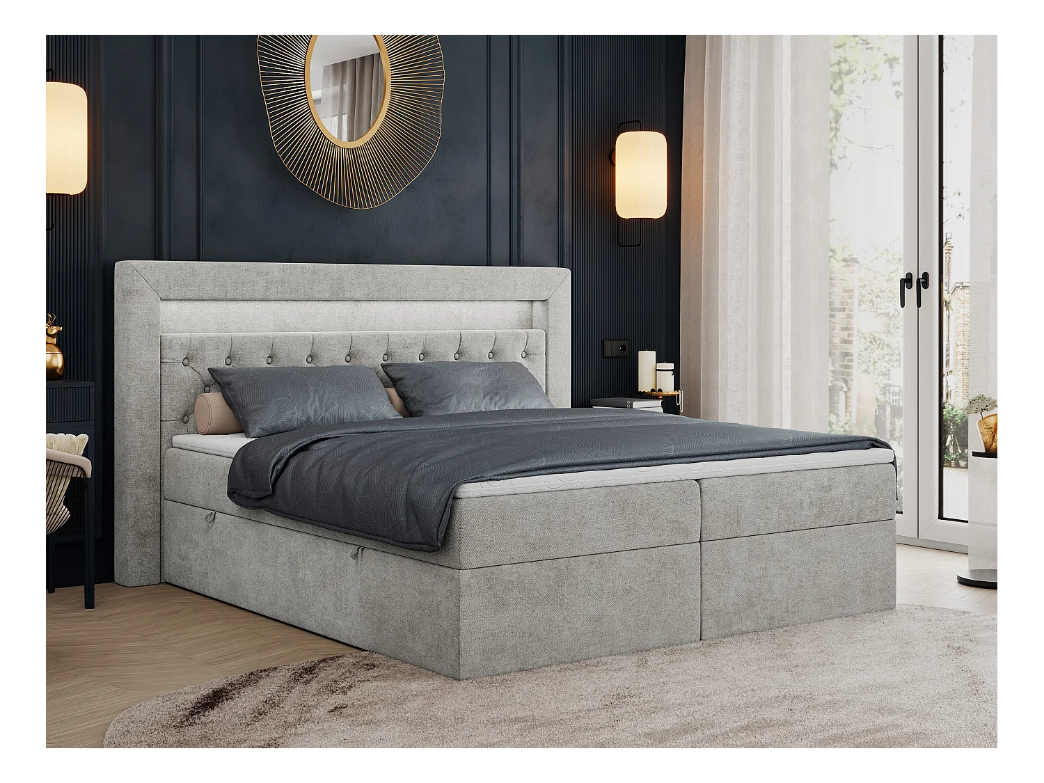 Boxspringbett GOLD 6, Doppelbett mit Stauraum, LED-Beleuchtung, gesteppte Kopfstütze - 180x200 cm - H3 - Hellgrau Strukture