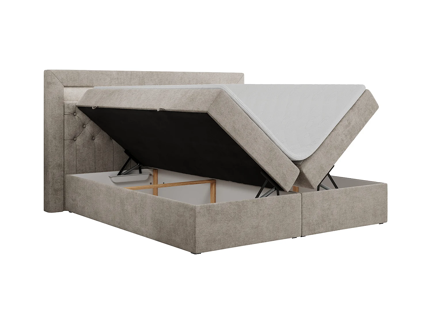 Boxspringbett GOLD 6, Doppelbett mit Stauraum, LED-Beleuchtung, gesteppte Kopfstütze - 160x200 cm - H3 - Beige Strukture