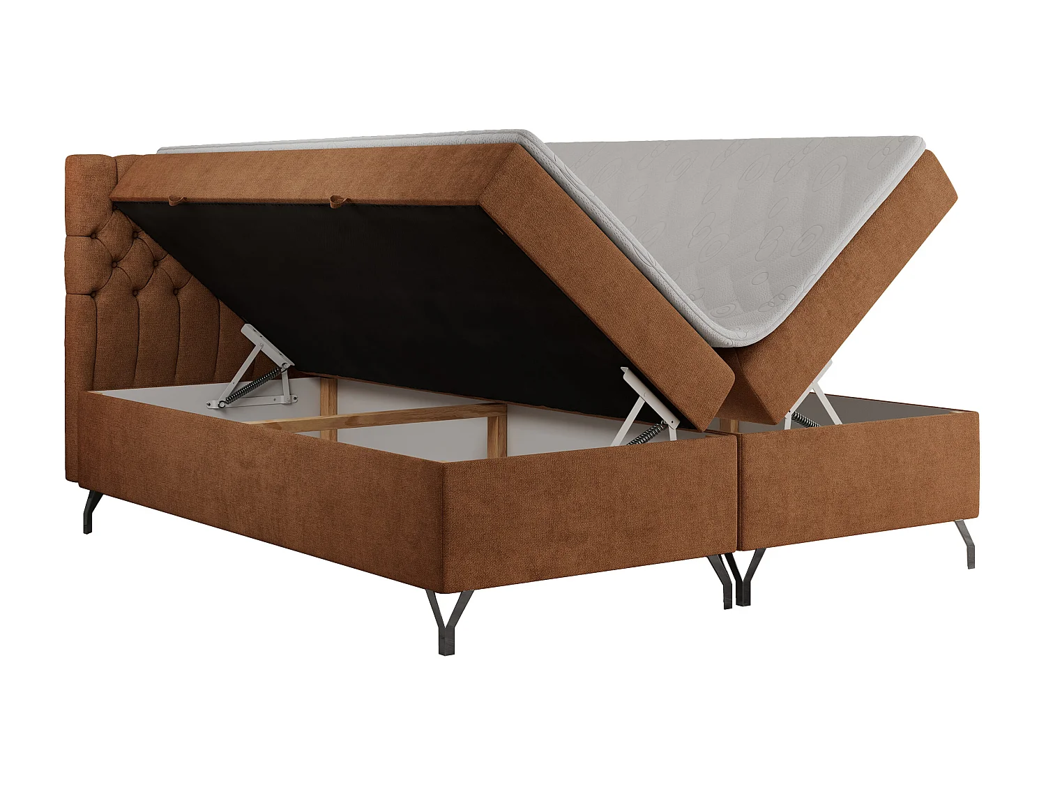 Boxspringbett GRIMALDI mit zwei Bettkästen, gesteppter Kopfstütze, Metallfüßen - 200x200 cm - H3 - Orange Strukture