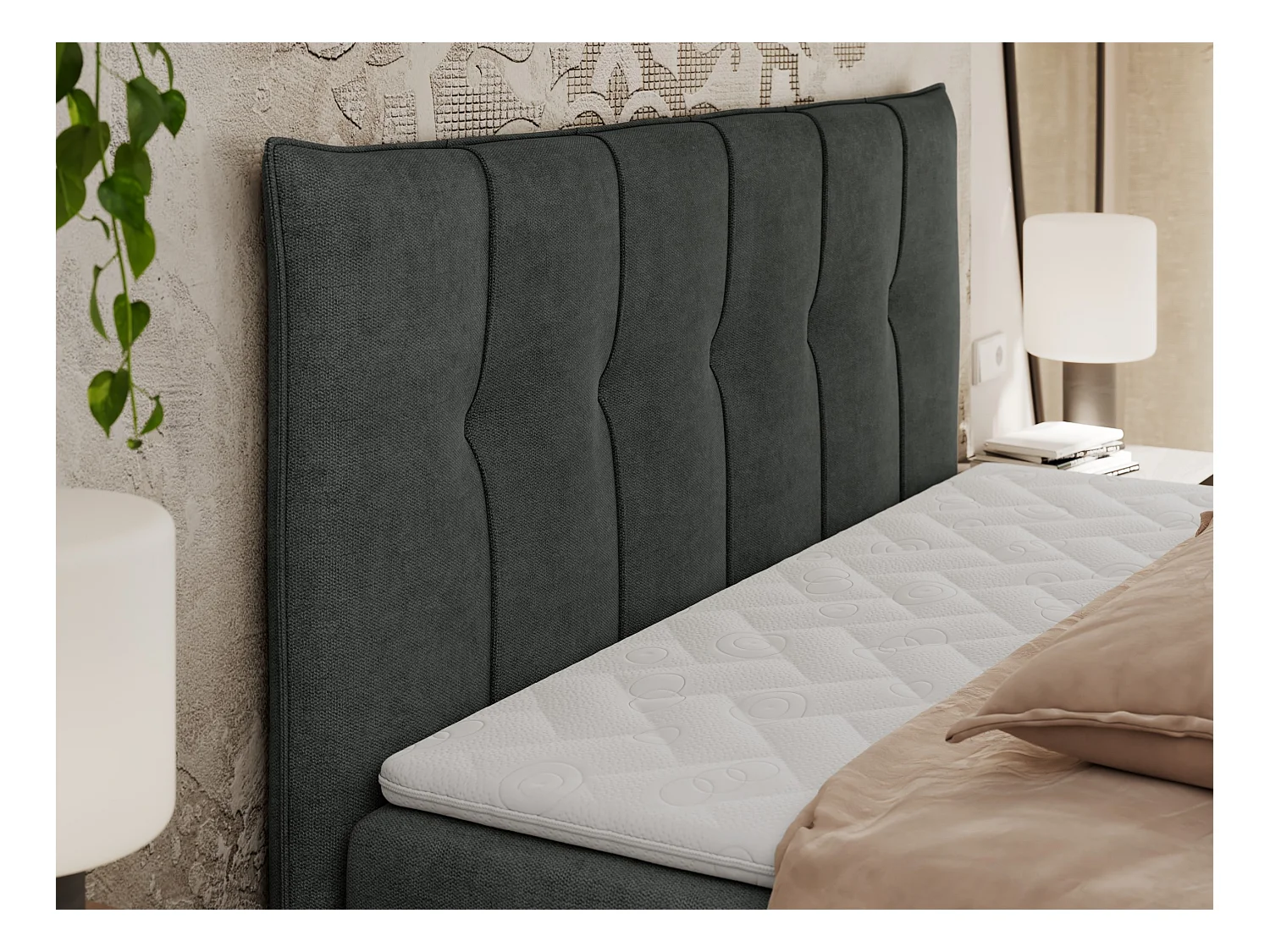 Boxspringbett PREMIUM 10 mit Multipocket-Matratze, gesteppte Kopfstütze, zwei Bettkästen - 140x200 cm - H3 - Dunkelgrau Strukture