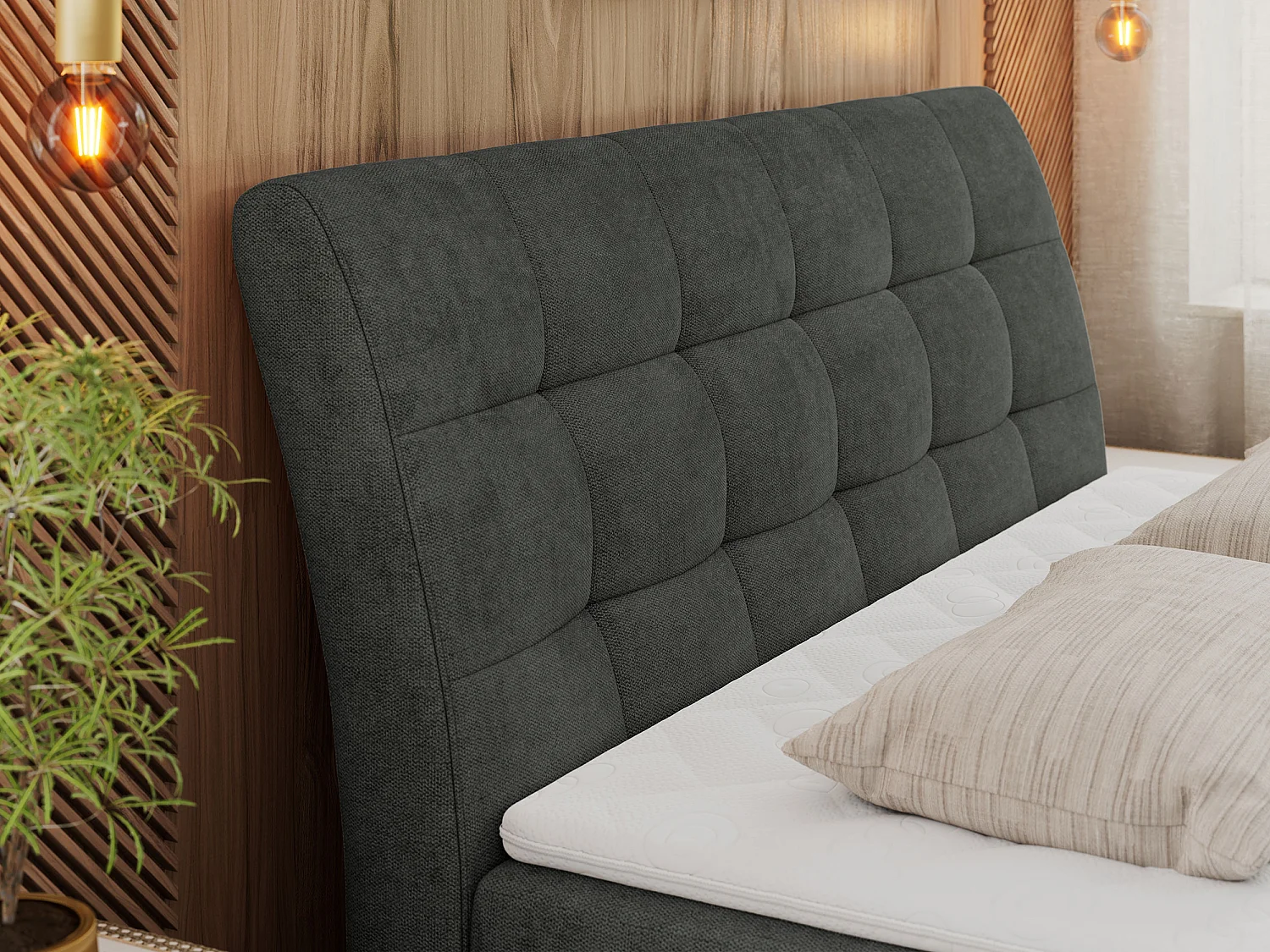 Boxspringbett DIEGOS mit Stauraum, gestepptem Kopfteil, Multipocket-Matratze - 180x200 cm - H4 - Dunkelgrau Strukture