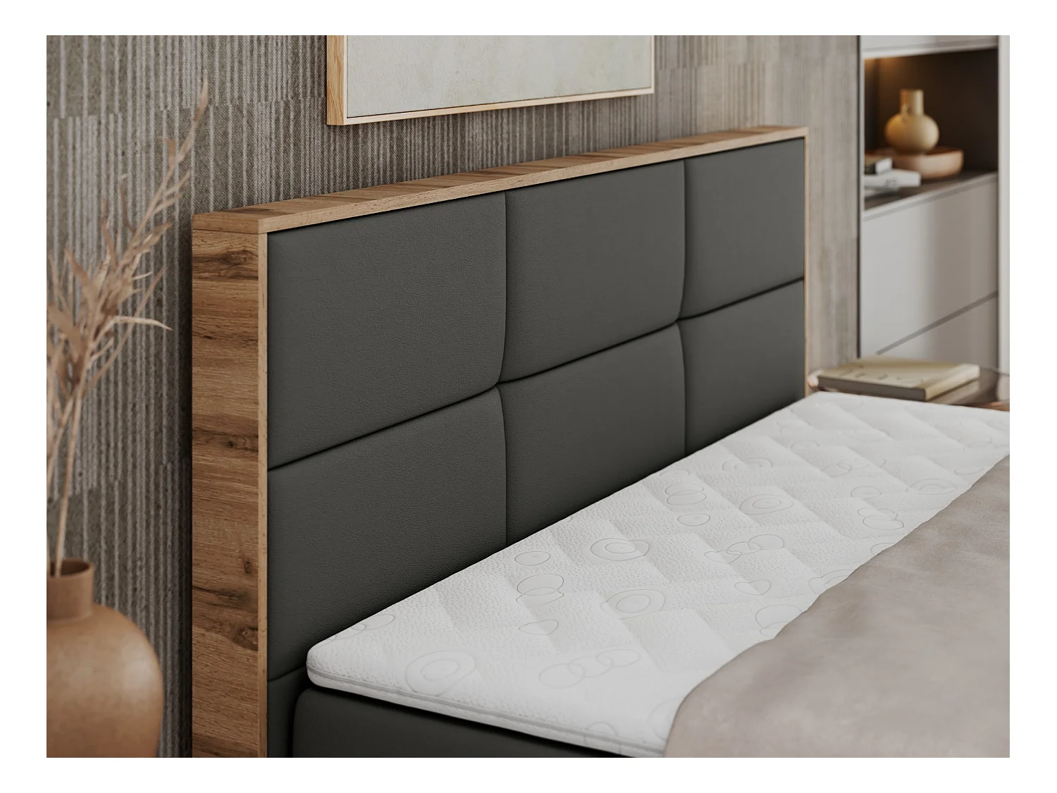 Boxspringbett ALBERO 2 mit Topper und Multipocket-Matratze, Stauraum, Holzrahmen - 200x200 cm - H4 - Dunkelgrau Kunstleder