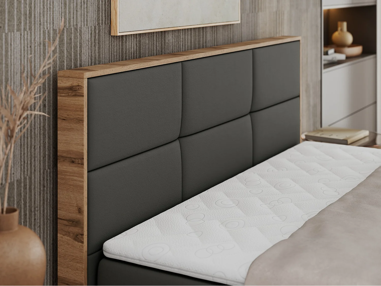 Boxspringbett ALBERO 2 mit Topper und Multipocket-Matratze, Stauraum, Holzrahmen - 200x200 cm - H4 - Dunkelgrau Kunstleder