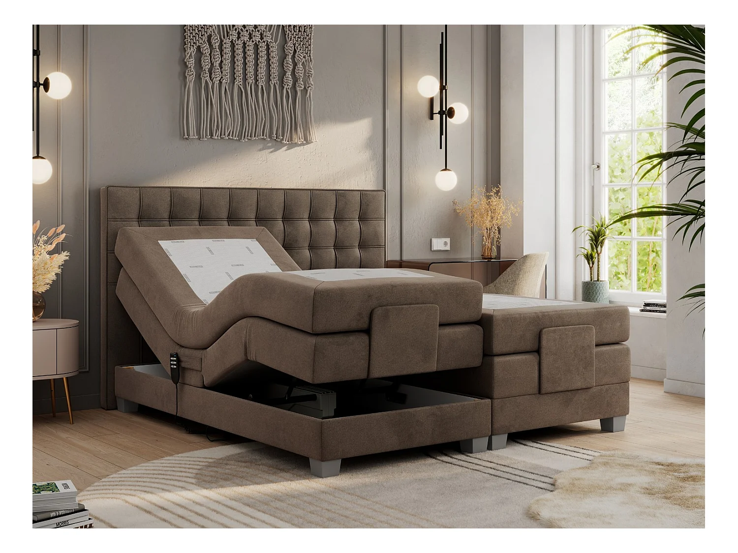 Boxspringbett ELEKTRO mit Multipocket-Matratze, Elektrisch verstellbare, genähtes Kopfteil - 140x200 cm - H3 - Braun Velvet