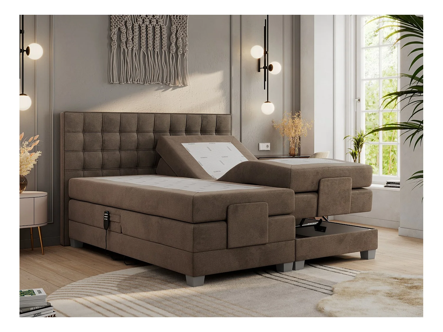 Boxspringbett ELEKTRO mit Multipocket-Matratze, Elektrisch verstellbare, genähtes Kopfteil - 140x200 cm - H3 - Braun Velvet