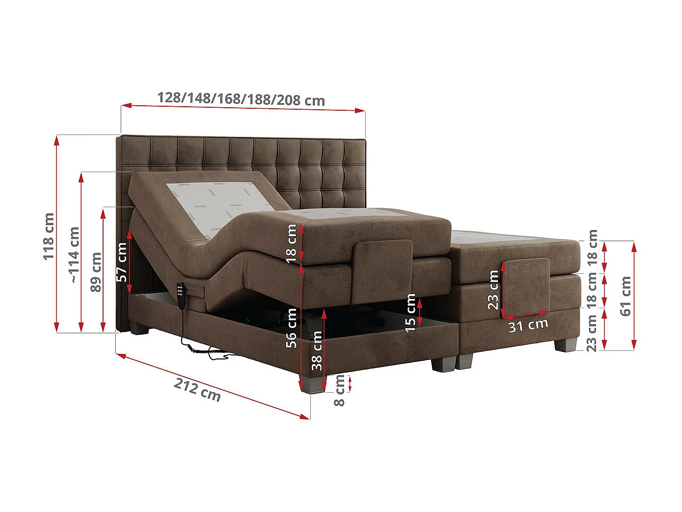 Boxspringbett ELEKTRO mit Multipocket-Matratze, Elektrisch verstellbare, genähtes Kopfteil - 140x200 cm - H3 - Braun Velvet