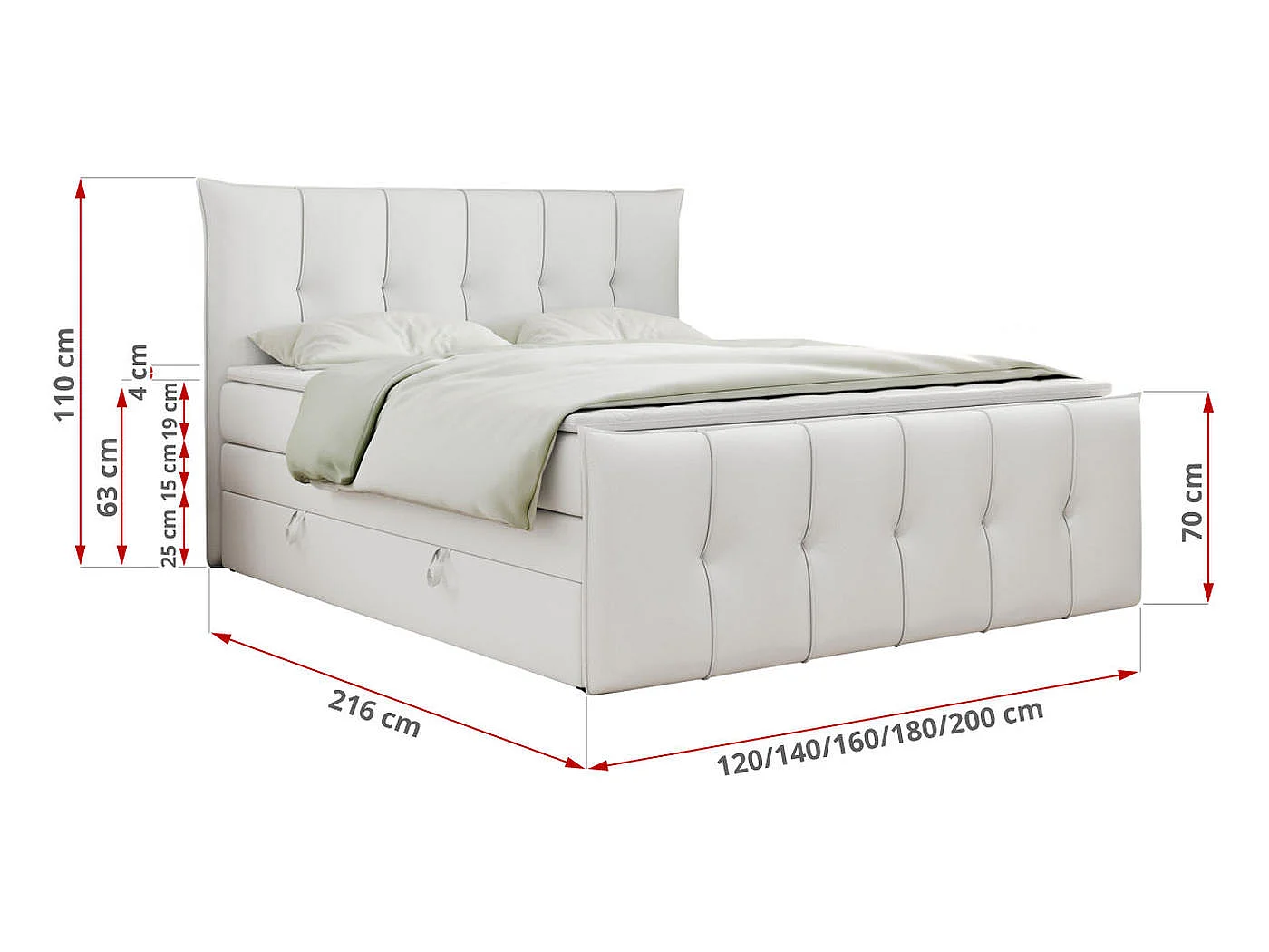 Boxspringbed met hoofdbord H4 + Topper T25 - Wit Kunstleer - 120x200 - PREMIUM 11 KING