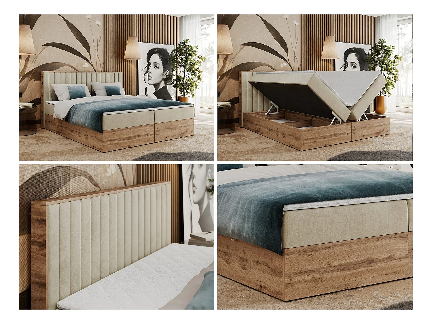 Boxspringbett ALBERO 4, Eiche Wotan Holzrahmen, mit Stauraum, genähtes Kopfteil - 180x200 cm - H4 - Beige Velvet