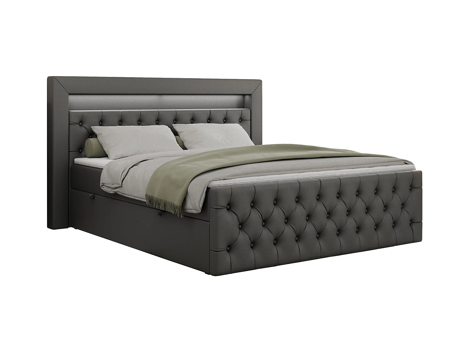 Boxspringbett GOLD 9 mit Stauraum, Multipocket-Matratze, gestepptes Bett, LED Beleuchtung - 180x200 cm - H4 - Dunkelgrau Kunstleder