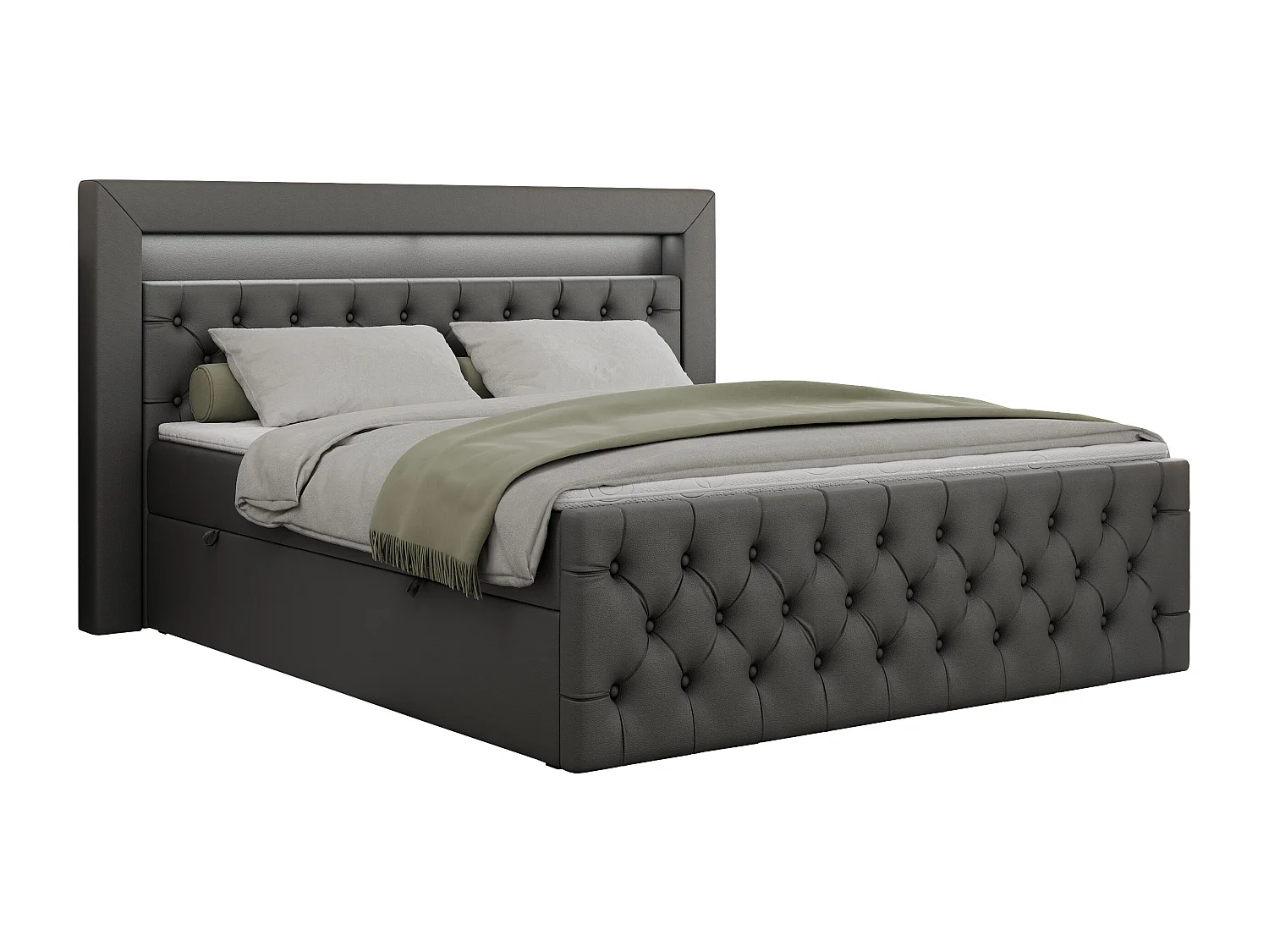 Boxspringbett GOLD 9 mit Stauraum, Multipocket-Matratze, gestepptes Bett, LED Beleuchtung - 180x200 cm - H4 - Dunkelgrau Kunstleder