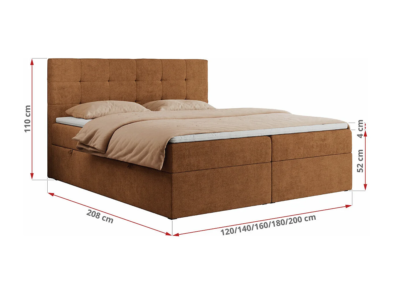 Boxspringbett CENTOS mit gestepptem Kopfteil, Multipocket-Matratze, Doppelbett mit Stauraum - 120x200 cm - H3 - Orange Struktur