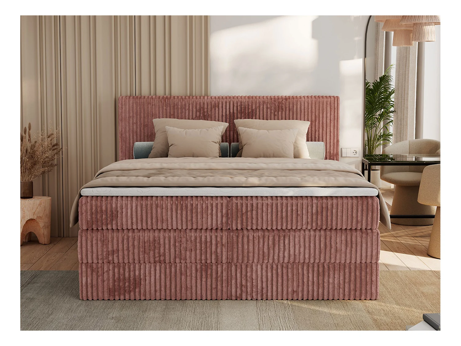 Boxspringbett TILIANO KING, Multipocket-Matratze, Cord Bett, Kopfteil und zwei Bettkästen - 140x200 cm - H3 - Rosa Cord