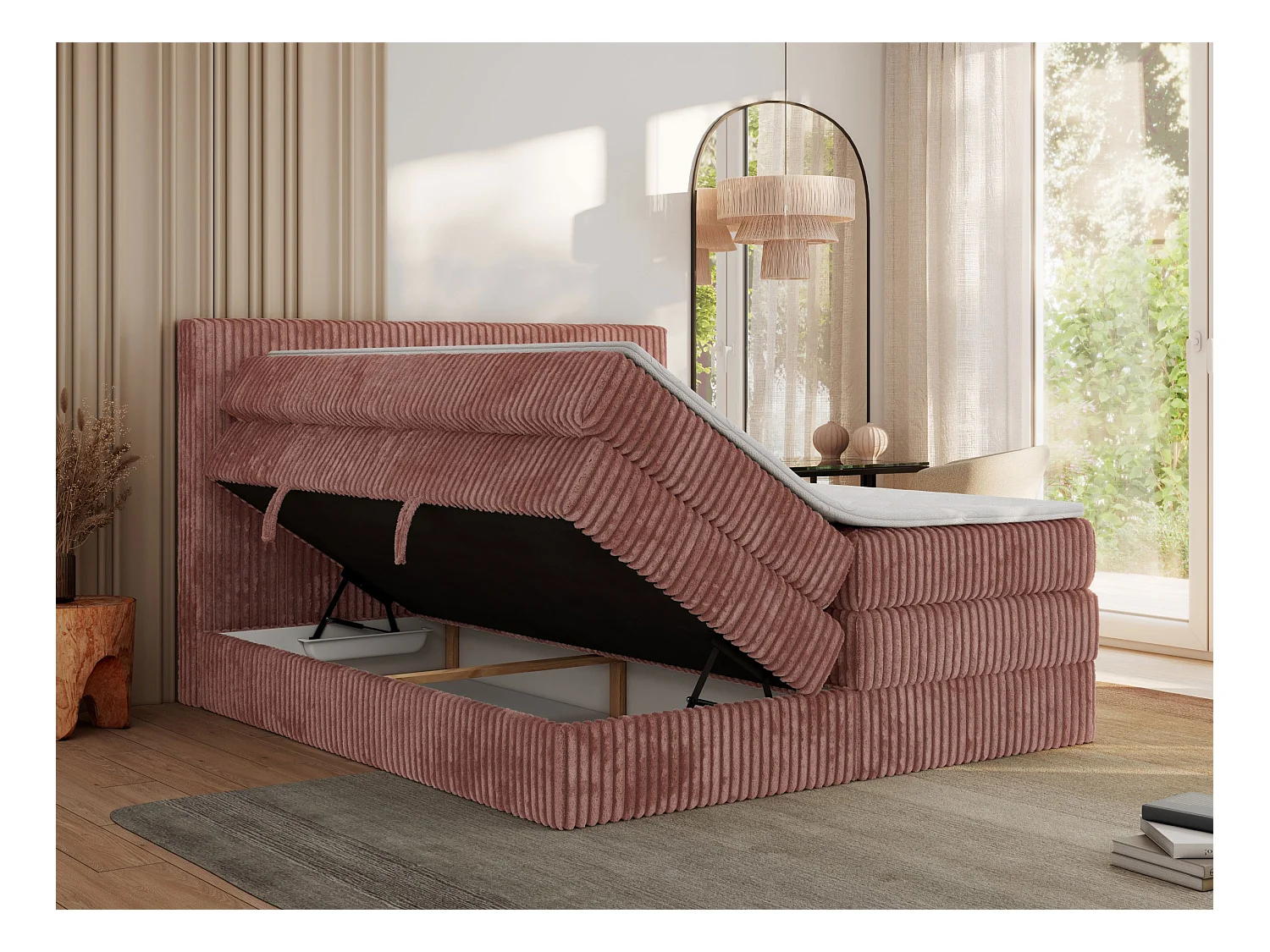 Boxspringbett TILIANO KING, Multipocket-Matratze, Cord Bett, Kopfteil und zwei Bettkästen - 140x200 cm - H3 - Rosa Cord