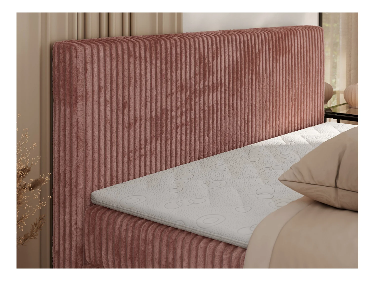 Boxspringbett TILIANO KING, Multipocket-Matratze, Cord Bett, Kopfteil und zwei Bettkästen - 140x200 cm - H3 - Rosa Cord