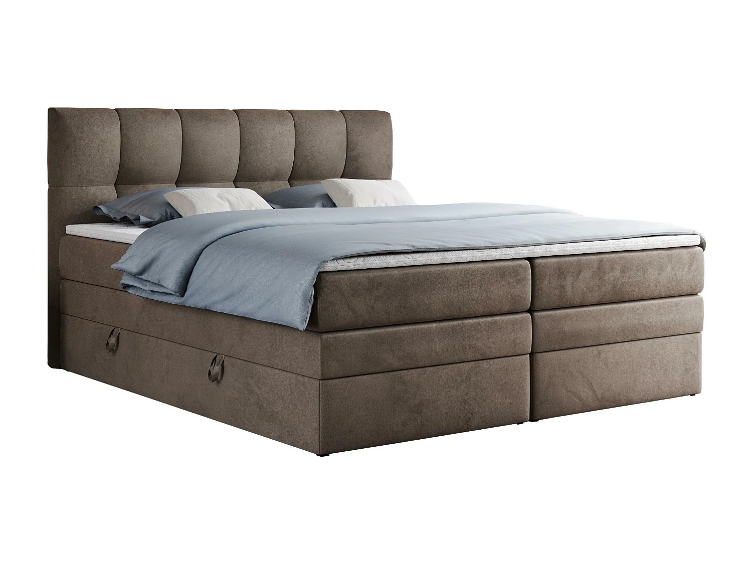 Boxspringbett ALVIN KING, mit zwei Multipocket-Matratzen, Bettkästen, genähtes Kopfteil - 200x200 cm - H3 - Braun Velvet