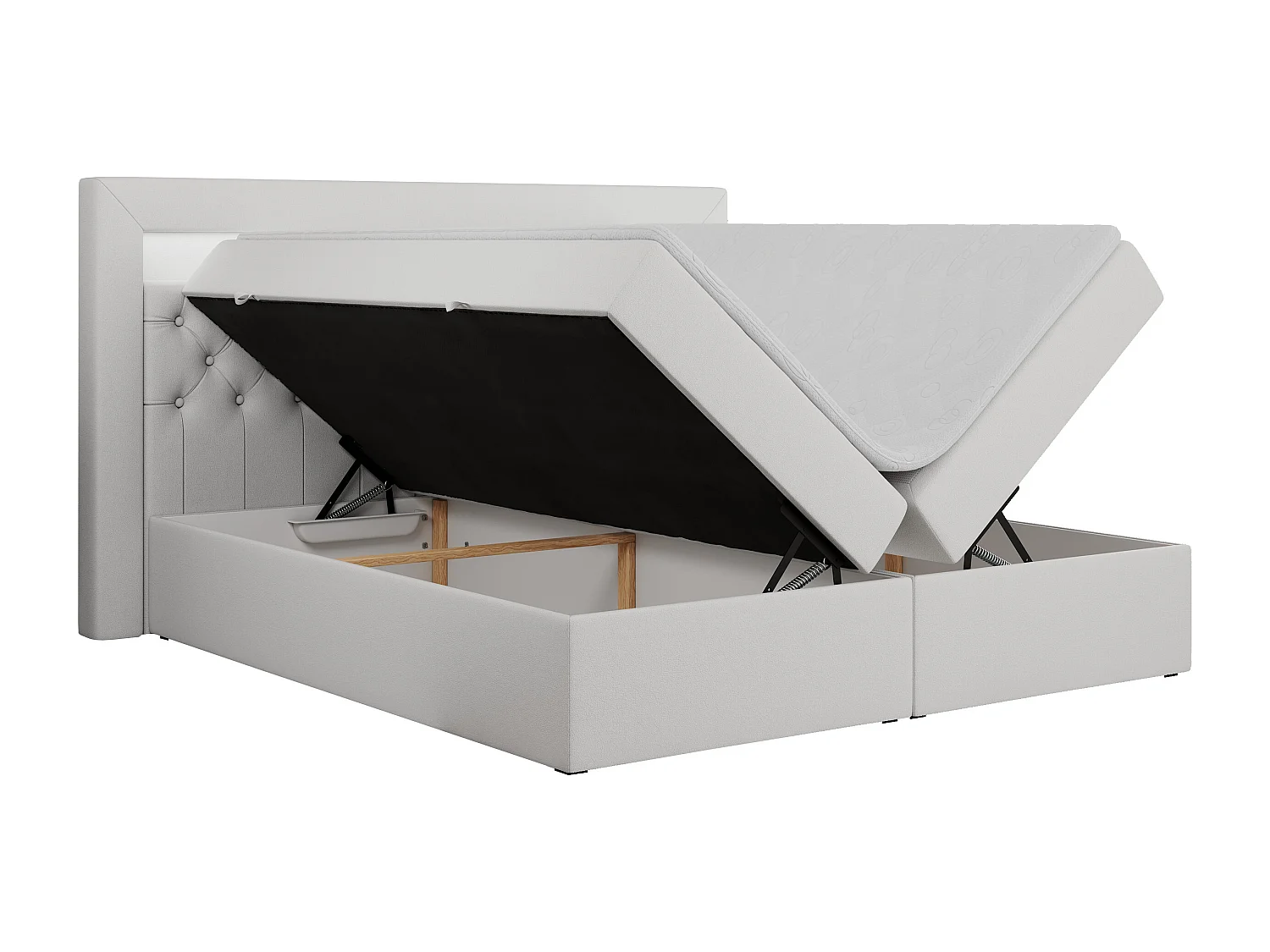 Boxspringbett GOLD 6, Doppelbett mit Stauraum, LED-Beleuchtung, gesteppte Kopfstütze - 180x200 cm - H3 - Weiß Kunstleder