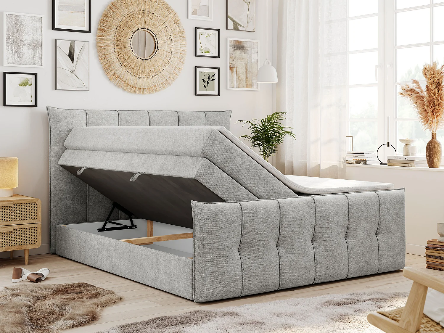 Boxspringbett PREMIUM 11 KING mit Stauraum, gestepptes Kopfteil, zwei Multipocket-Matratzen - 140x200 cm - H3 - Hellgrau Strukture