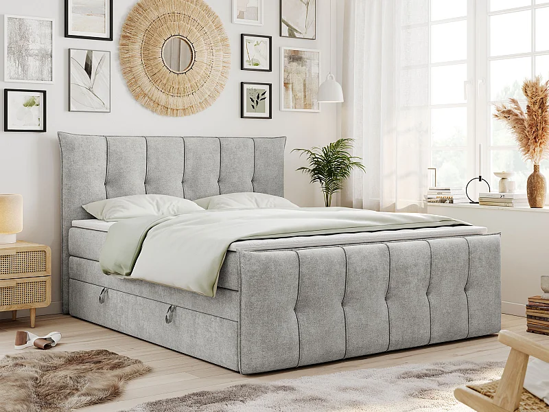 Boxspringbett PREMIUM 11 KING mit Stauraum, gestepptes Kopfteil, zwei Multipocket-Matratzen - 140x200 cm - H3 - Hellgrau Strukture