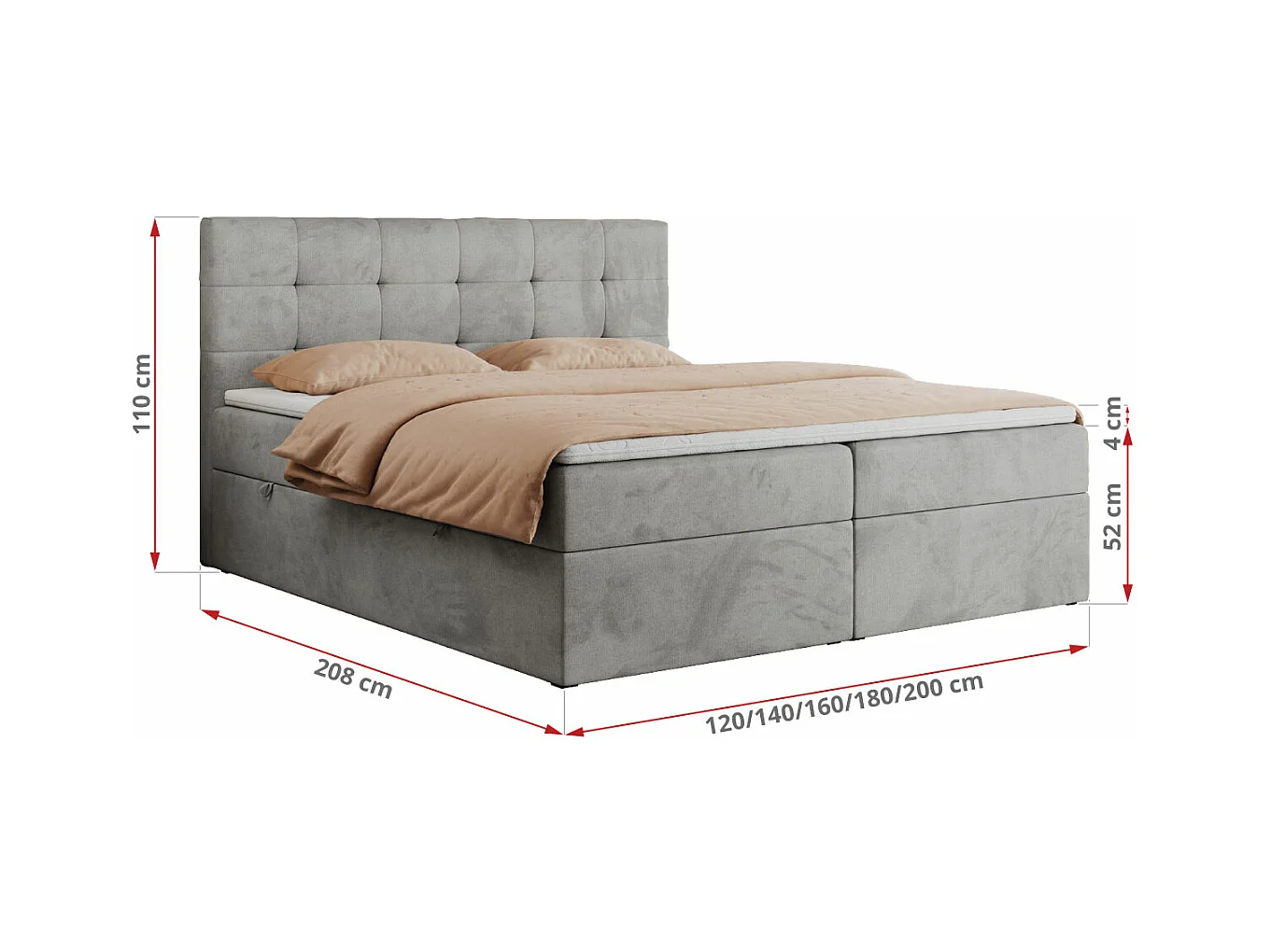 Boxspringbett CENTOS mit gestepptem Kopfteil, Multipocket-Matratze, Doppelbett mit Stauraum - 180x200 cm - H3 - Hellgrau Velvet