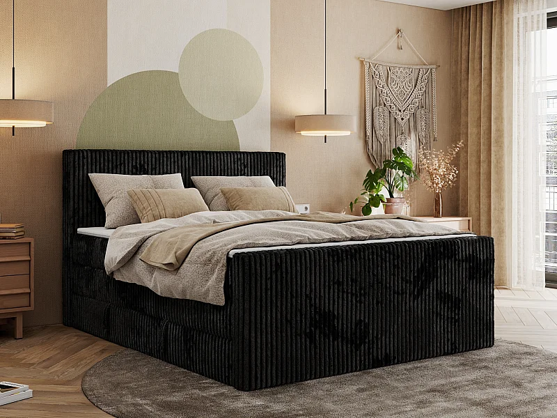Boxspringbett TILIANO KING DUO, mit zwei Bettkästen, Cord Bett Multipocket-Matratze - 140x200 cm - H3 - Schwarz Cord