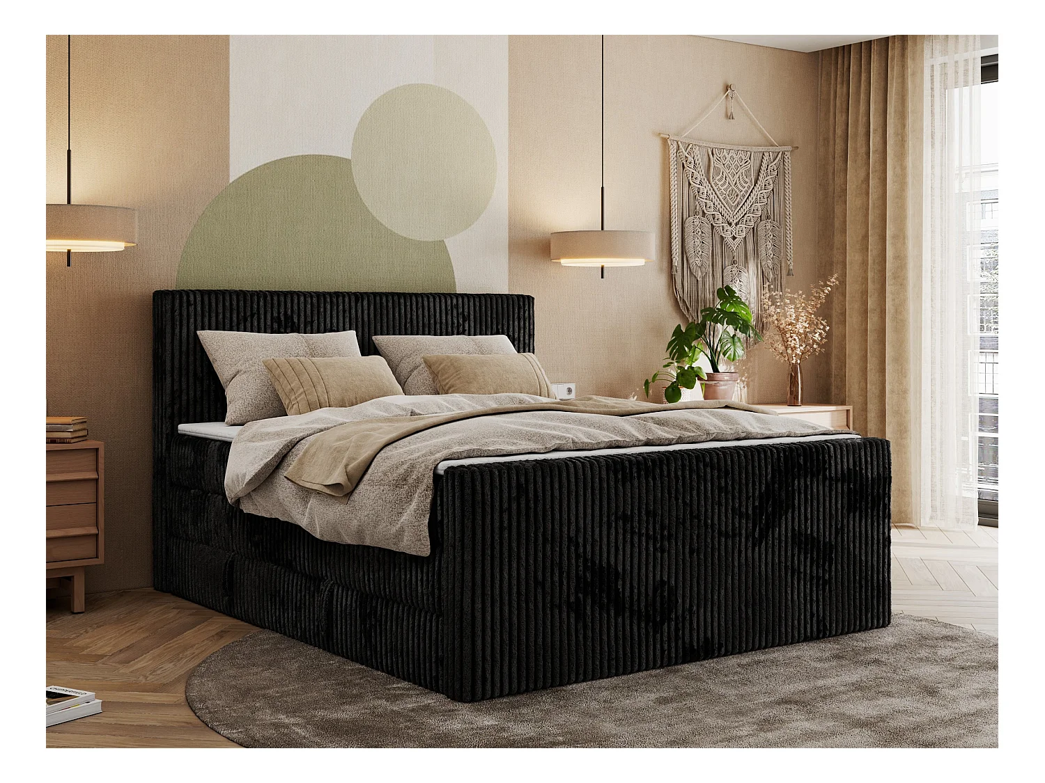 Boxspringbett TILIANO KING DUO, mit zwei Bettkästen, Cord Bett Multipocket-Matratze - 140x200 cm - H3 - Schwarz Cord