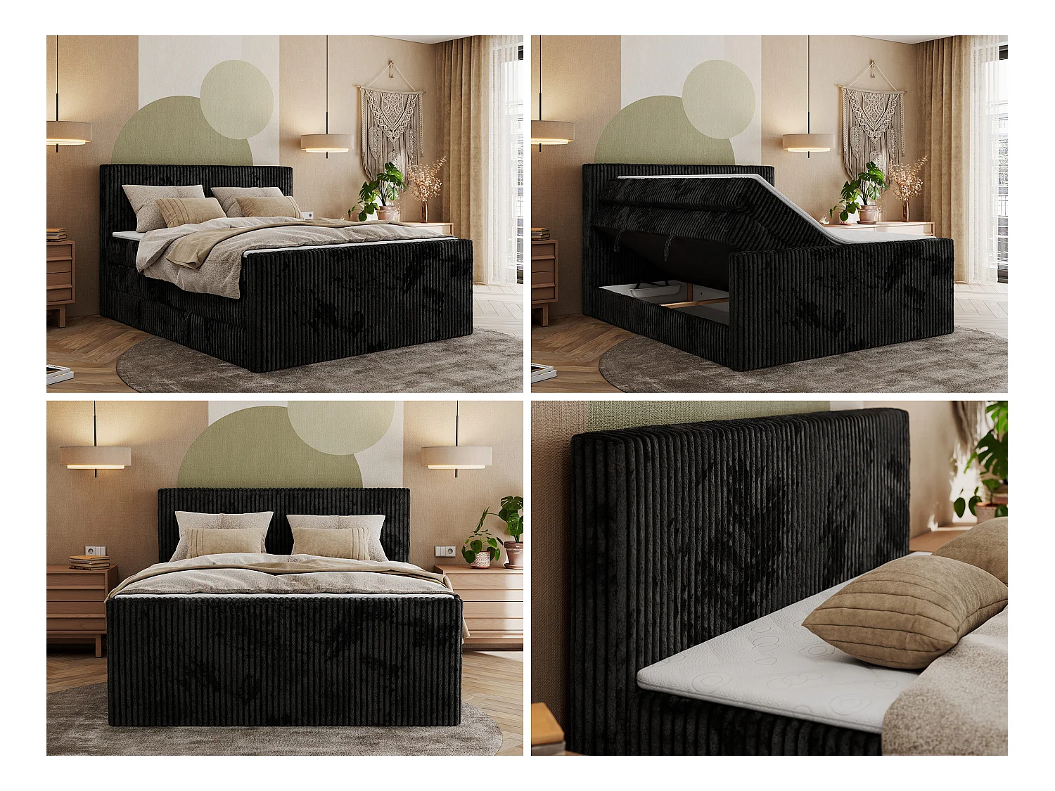 Boxspringbett TILIANO KING DUO, mit zwei Bettkästen, Cord Bett Multipocket-Matratze - 140x200 cm - H3 - Schwarz Cord