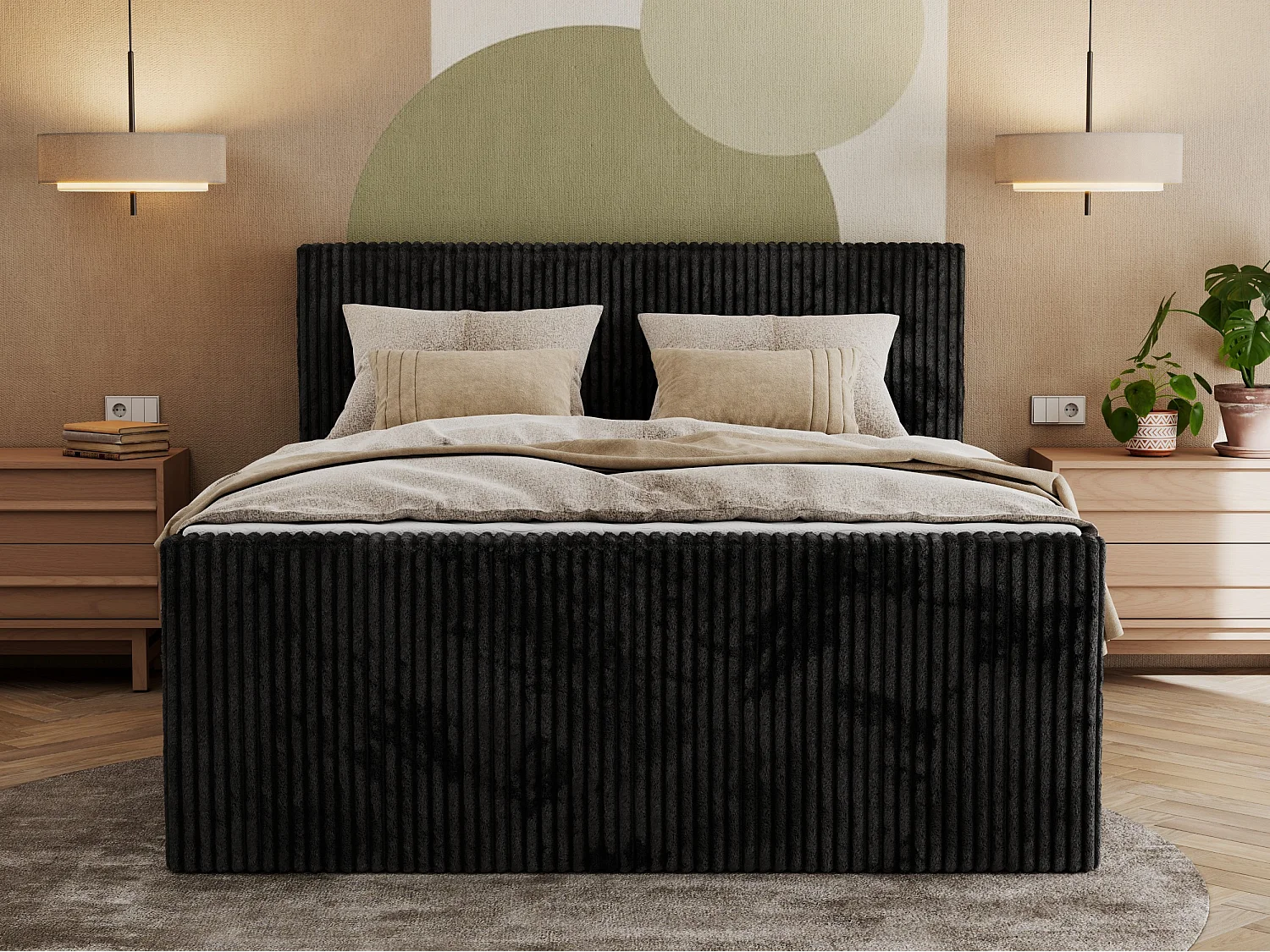 Boxspringbett TILIANO KING DUO, mit zwei Bettkästen, Cord Bett Multipocket-Matratze - 140x200 cm - H3 - Schwarz Cord
