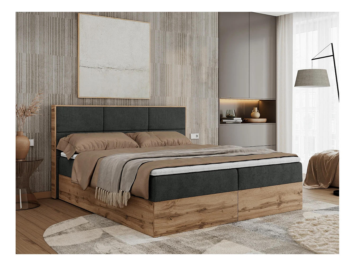 Boxspringbett ALBERO 2 mit Topper und Multipocket-Matratze, Stauraum, Holzrahmen - 120x200 cm - H4 - Dunkelgrau Strukture