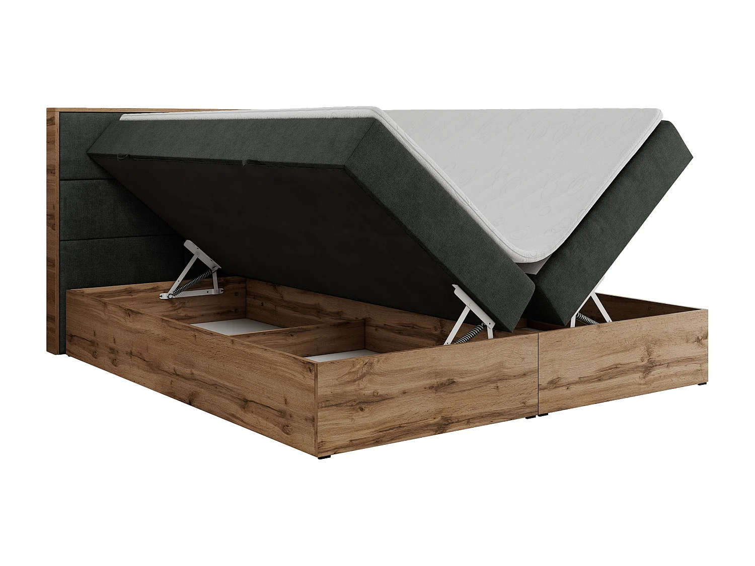 Boxspringbett ALBERO 2 mit Topper und Multipocket-Matratze, Stauraum, Holzrahmen - 120x200 cm - H4 - Dunkelgrau Strukture