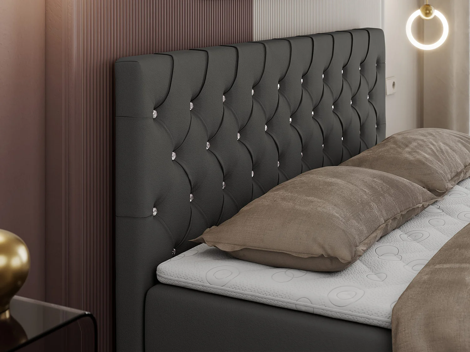 Boxspringbett ROMA mit gestepptem Kopfteil, Multipocket-Matratze, dekorative Füße - 120x200 cm - H4 - Dunkelgrau Kunstleder