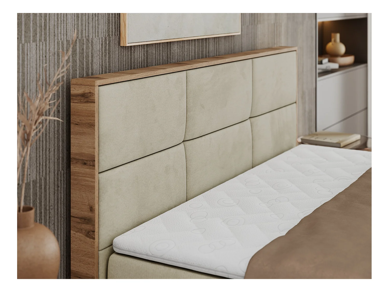 Boxspringbett ALBERO 2 mit Topper und Multipocket-Matratze, Stauraum, Holzrahmen - 180x200 cm - H4 - Beige Velvet