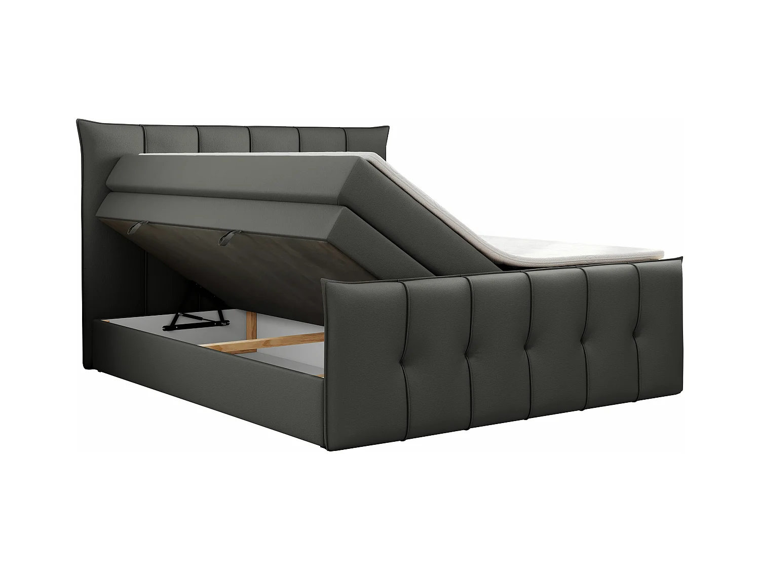 Boxspringbett PREMIUM 11 KING mit Stauraum, gestepptes Kopfteil, zwei Multipocket-Matratzen - 160x200 cm - H3 - Dunkelgrau Kunstleder