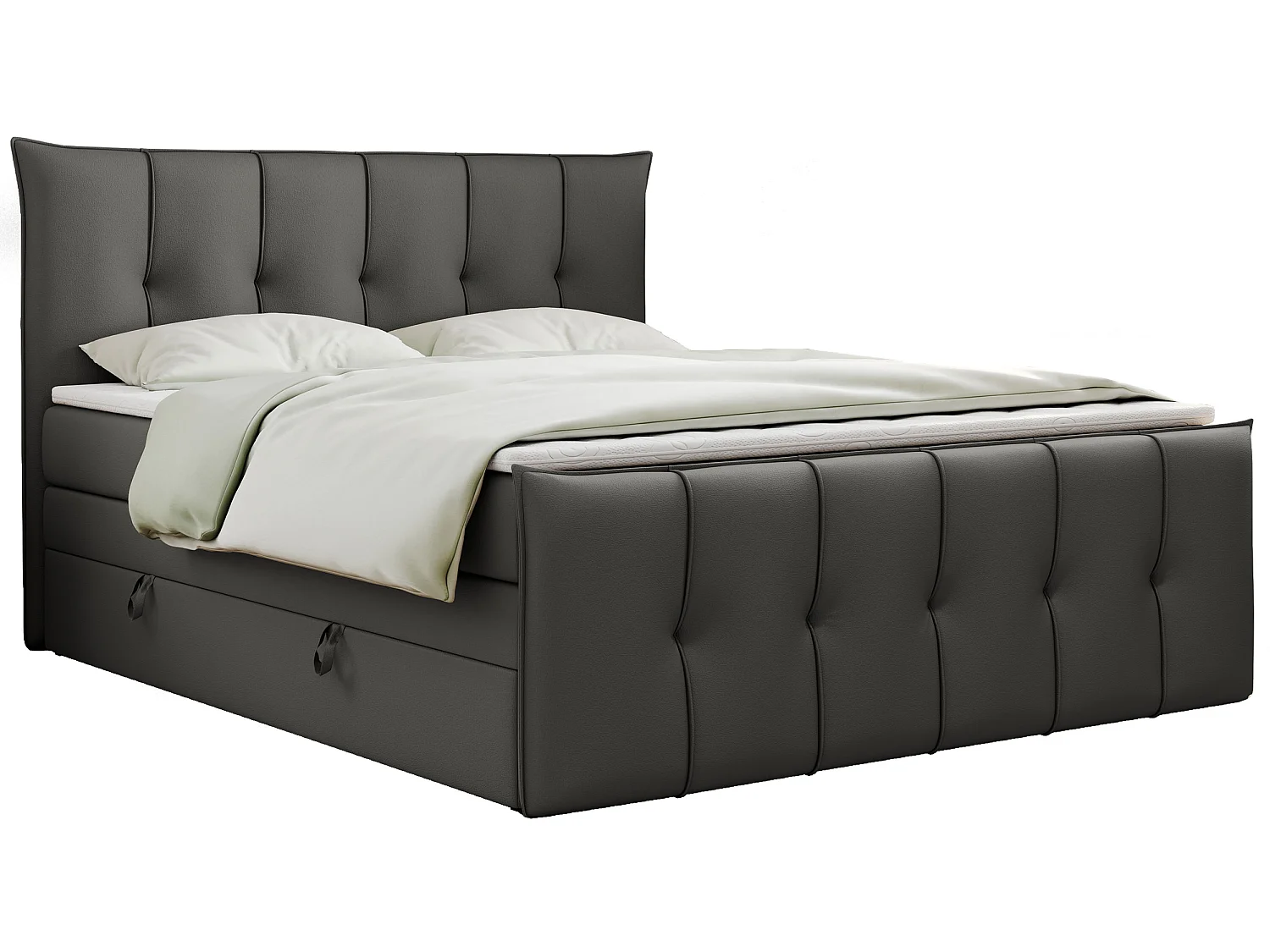 Lit boxspring avec 2 coffres - 2 matelas mi-fermes + surmatelas mousse - Gris foncé Similicuir - 160x200 - PREMIUM 11 KING