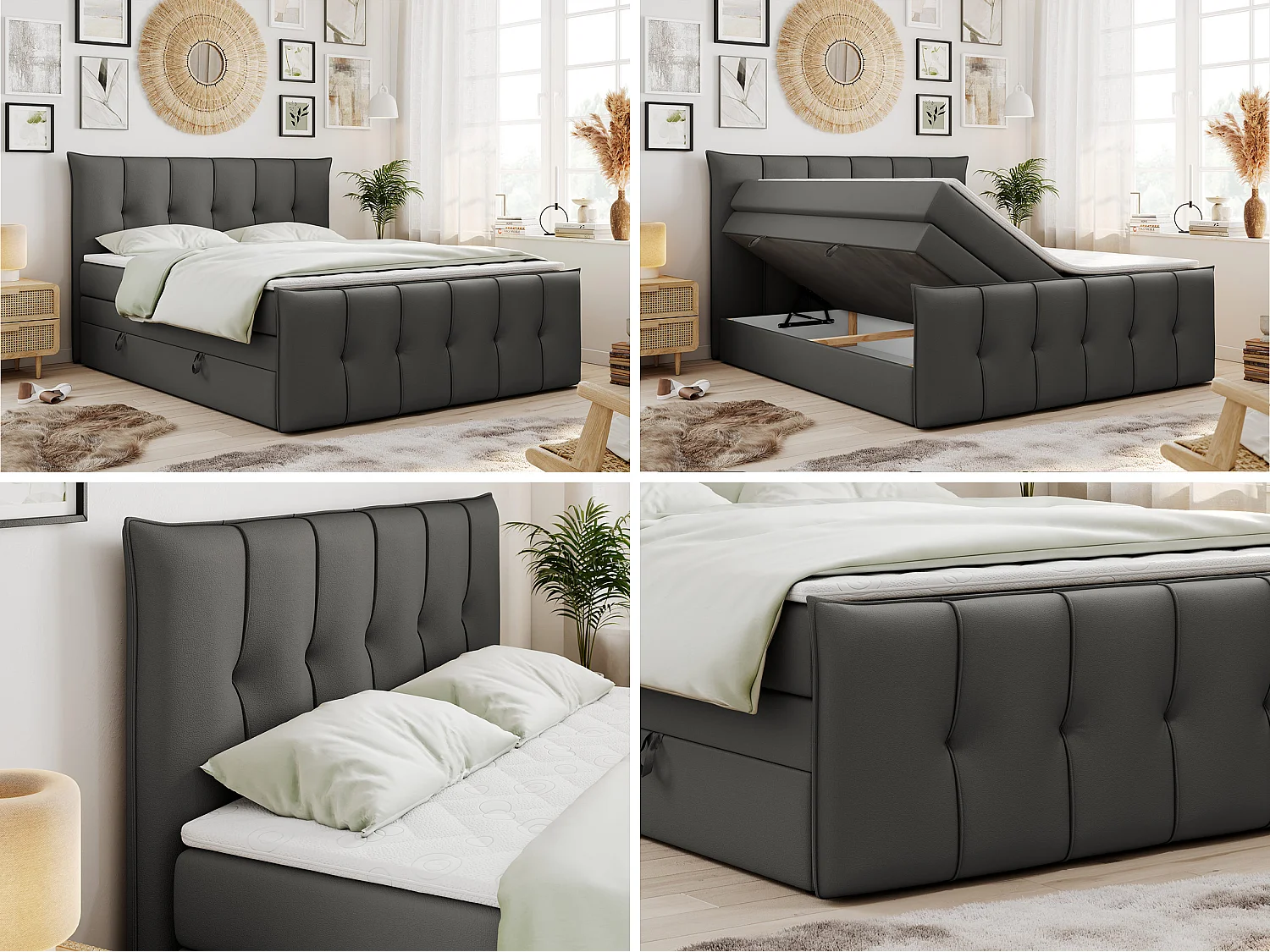 Lit boxspring avec 2 coffres - 2 matelas mi-fermes + surmatelas mousse - Gris foncé Similicuir - 160x200 - PREMIUM 11 KING