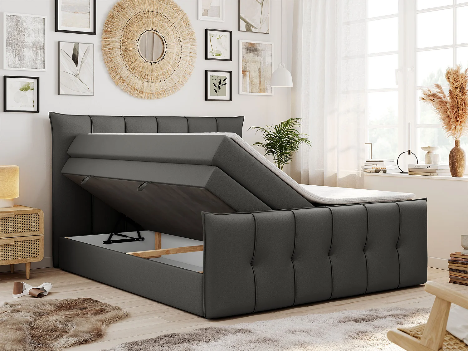 Lit boxspring avec 2 coffres - 2 matelas mi-fermes + surmatelas mousse - Gris foncé Similicuir - 160x200 - PREMIUM 11 KING