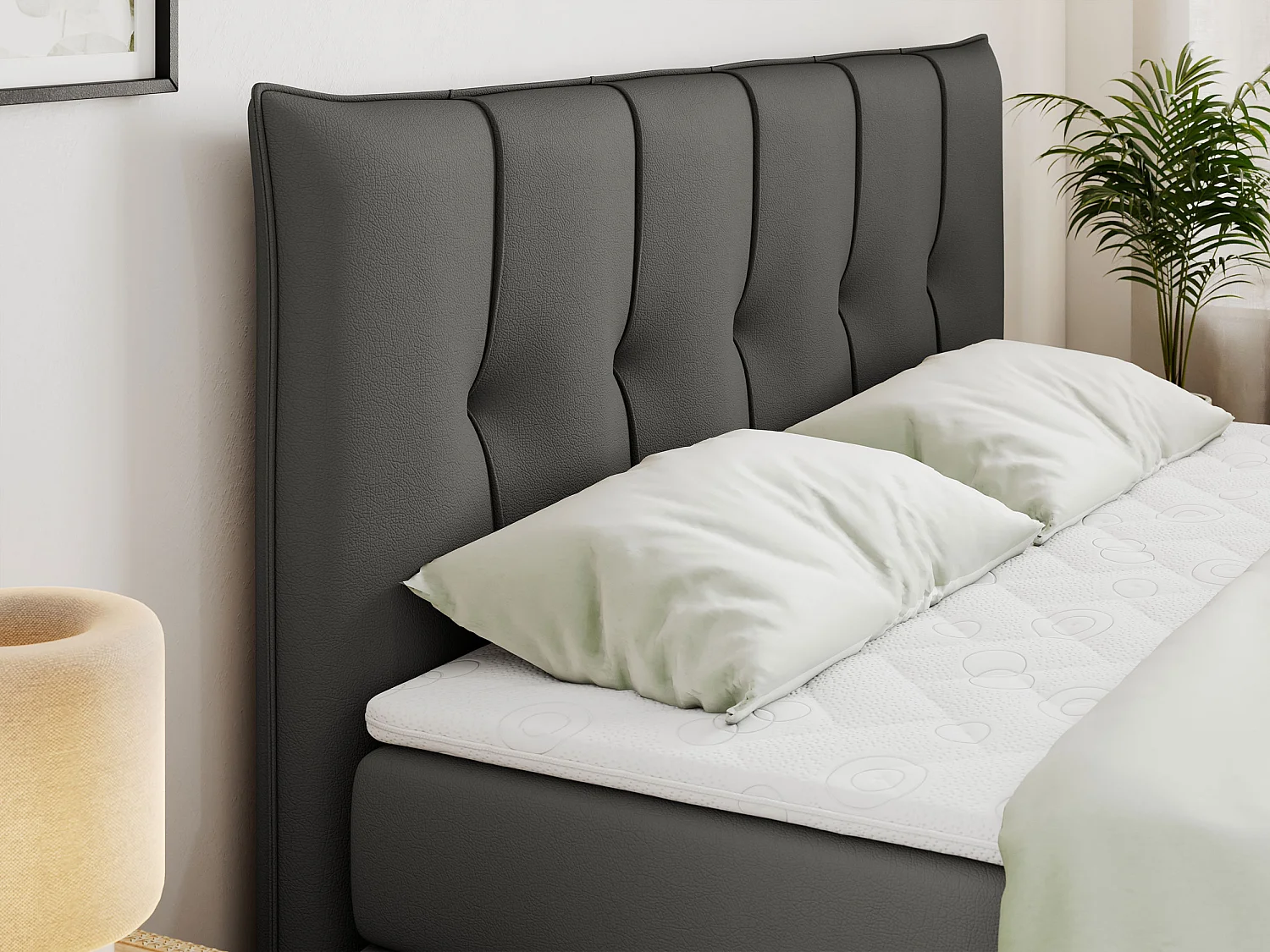 Lit boxspring avec 2 coffres - 2 matelas mi-fermes + surmatelas mousse - Gris foncé Similicuir - 160x200 - PREMIUM 11 KING