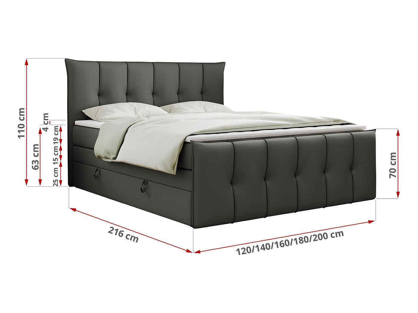 Lit boxspring avec 2 coffres - 2 matelas mi-fermes + surmatelas mousse - Gris foncé Similicuir - 160x200 - PREMIUM 11 KING