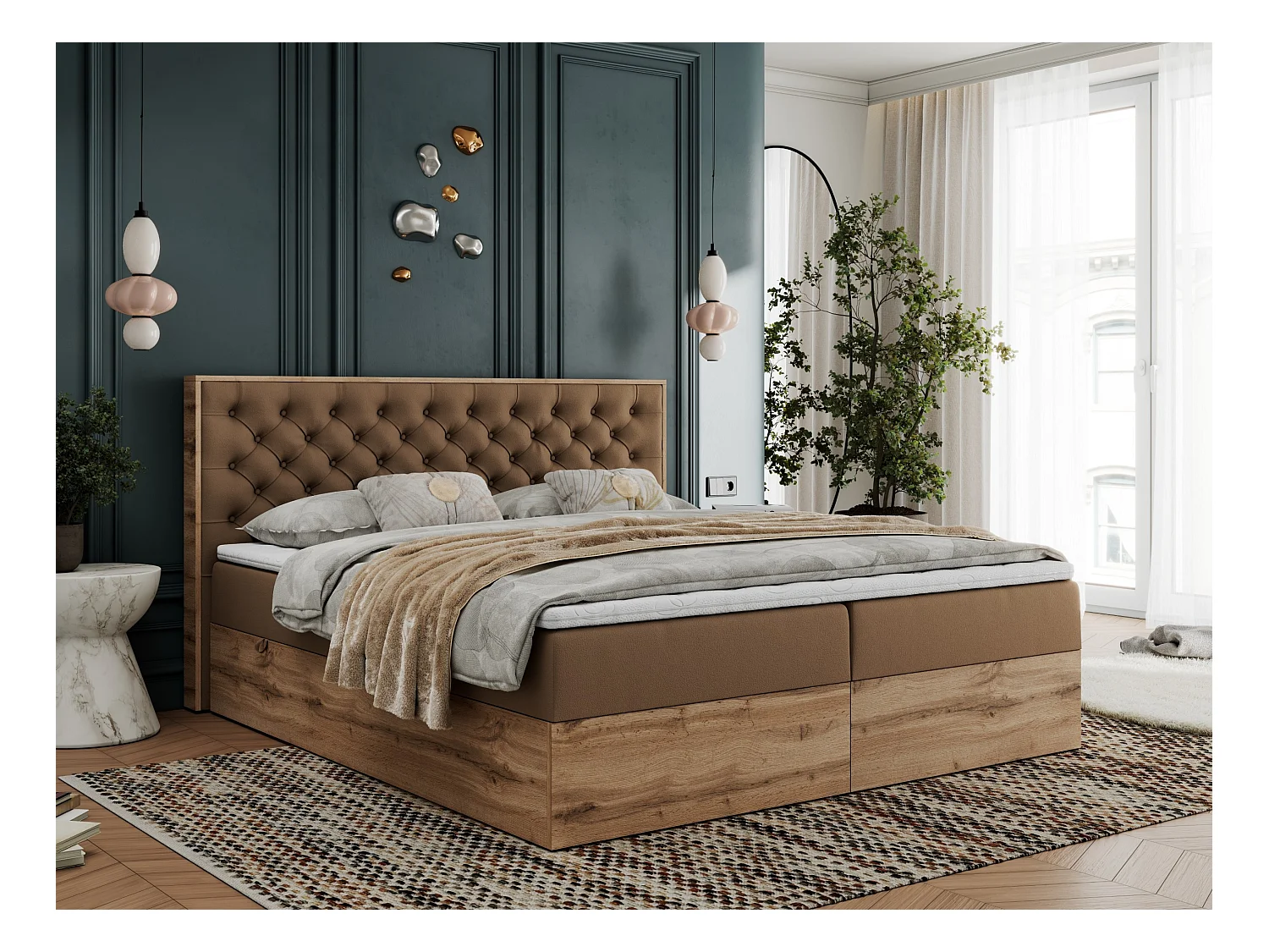 Boxspringbett ALBERO 3 - gesteppte Kopfstütze, Eiche Wotan Holzrahmen, Stauraum - 120x200 cm - H4 - Braun Kunstleder