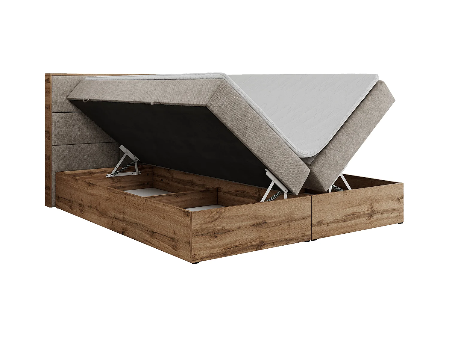 Boxspringbett ALBERO 2 mit Topper und Multipocket-Matratze, Stauraum, Holzrahmen - 140x200 cm - H4 - Beige Strukture