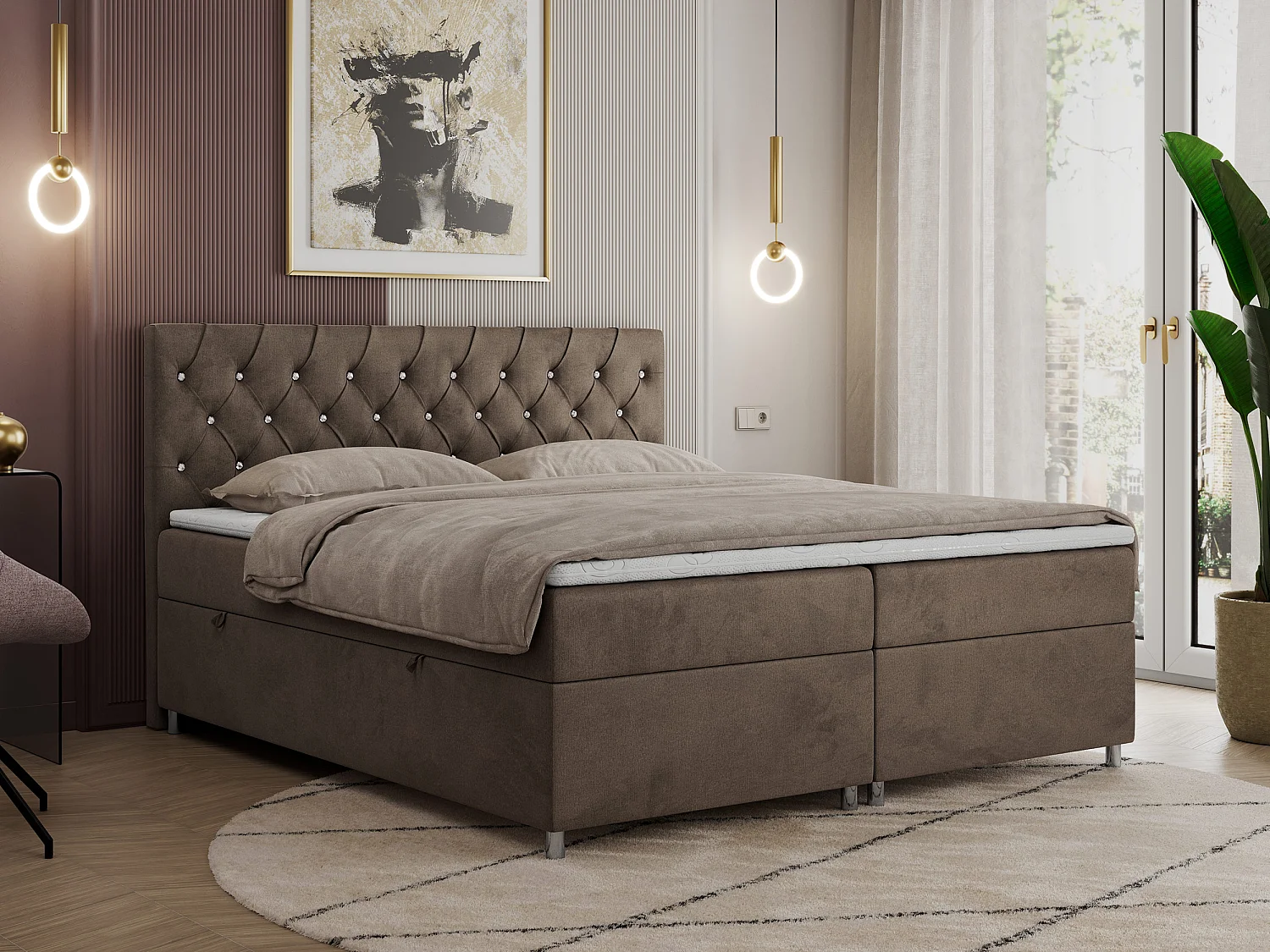 Boxspringbett ROMA mit gestepptem Kopfteil, Multipocket-Matratze, dekorative Füße - 140x200 cm - H4 - Braun Velvet