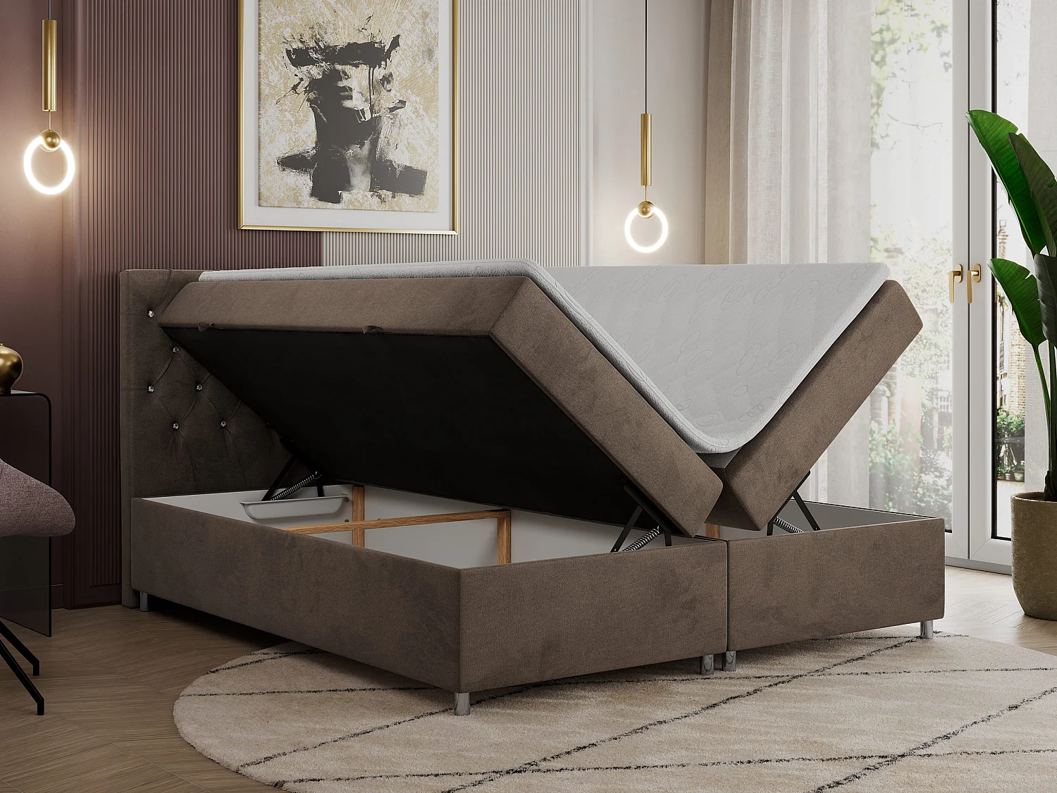 Boxspringbett ROMA mit gestepptem Kopfteil, Multipocket-Matratze, dekorative Füße - 140x200 cm - H4 - Braun Velvet