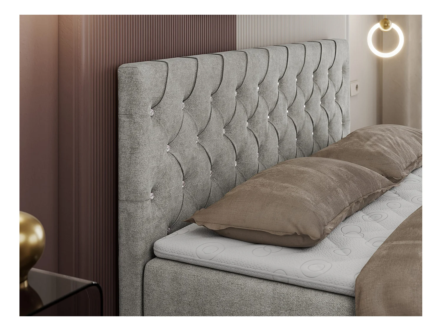 Boxspringbett ROMA mit gestepptem Kopfteil, Multipocket-Matratze, dekorative Füße - 120x200 cm - H3 - Hellgrau Strukture