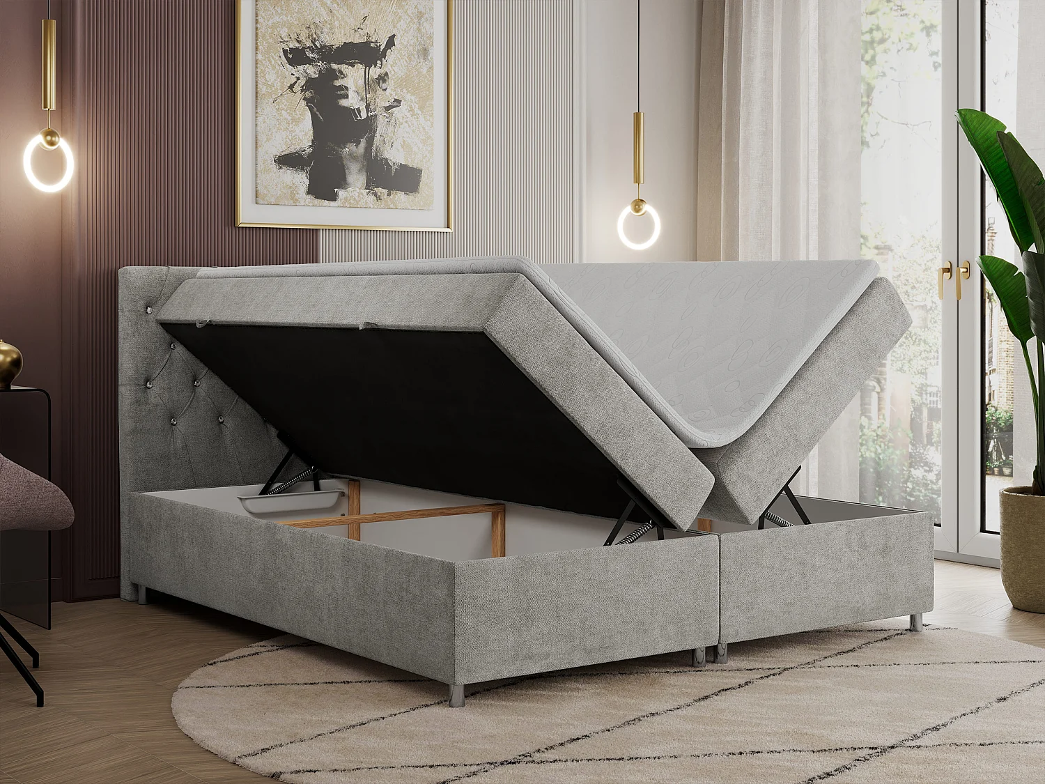 Boxspringbett ROMA mit gestepptem Kopfteil, Multipocket-Matratze, dekorative Füße - 120x200 cm - H3 - Hellgrau Strukture