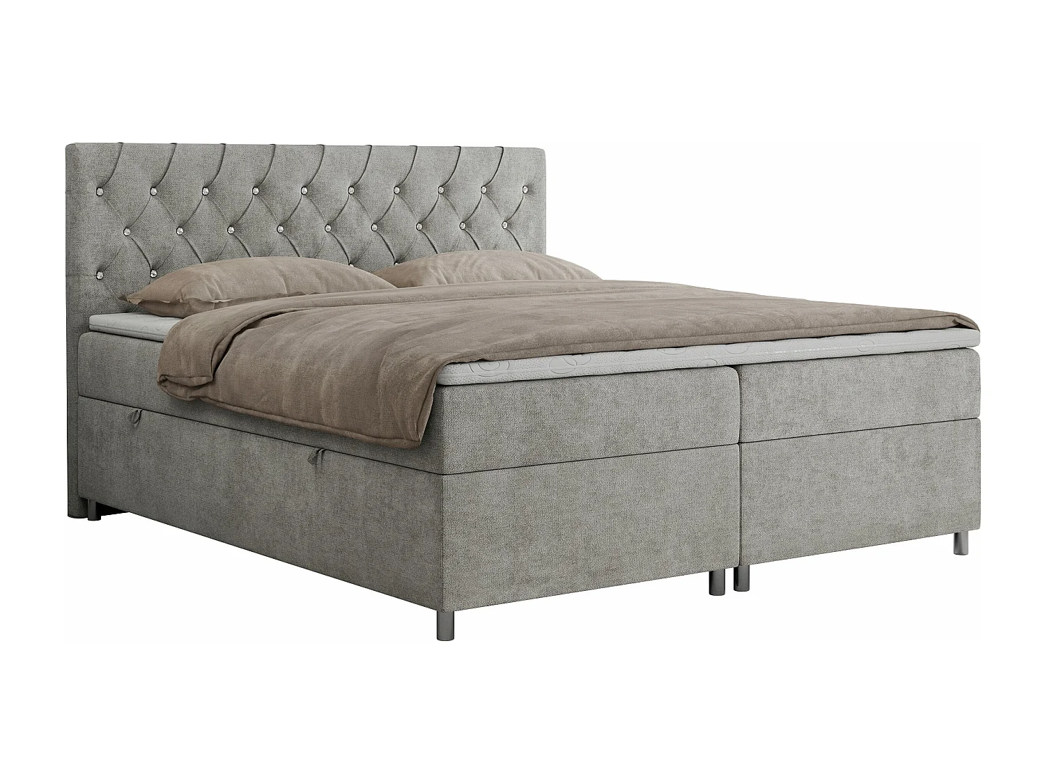 Boxspringbett ROMA mit gestepptem Kopfteil, Multipocket-Matratze, dekorative Füße - 120x200 cm - H3 - Hellgrau Strukture